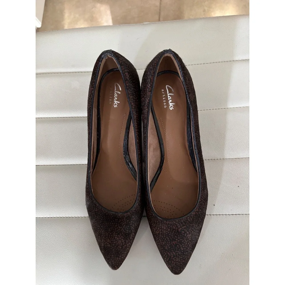 Clarks Brown Animal Print Suede Pointed Toe Kitten Heel Pumps Women's Shoes‎